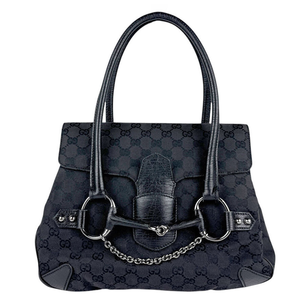Gucci Top Handle Bag Horsebit GG Canvas Leather Black